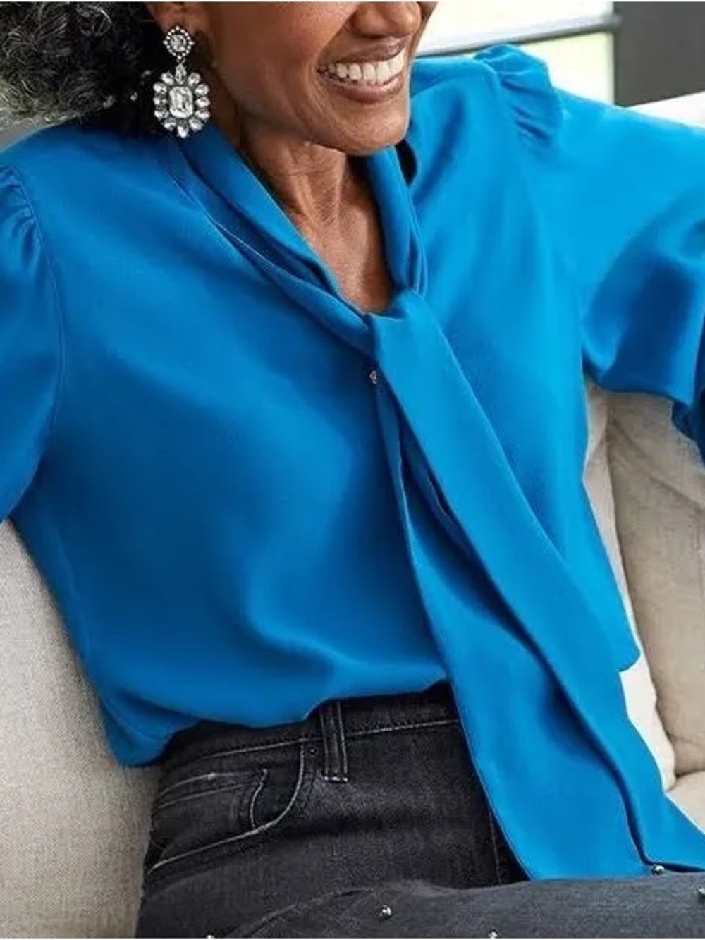 Chico's Teal Tie-Neck Long Sleeve, Balloon SleeveBlouse| Sz 16| Office, Coquette